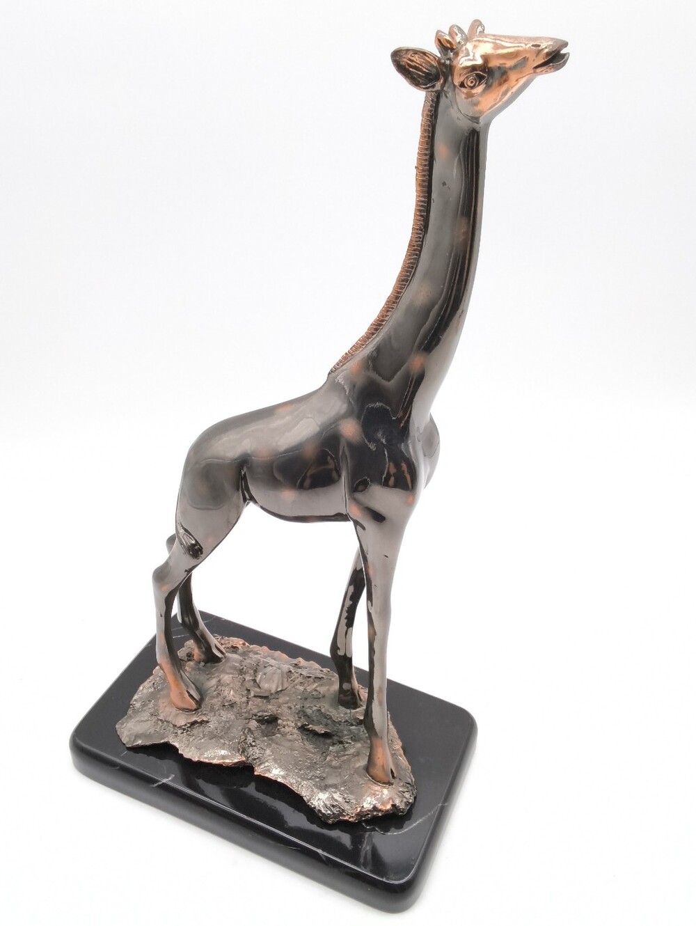Vintage Metal Giraffe Statue on Black Marble-Like Base